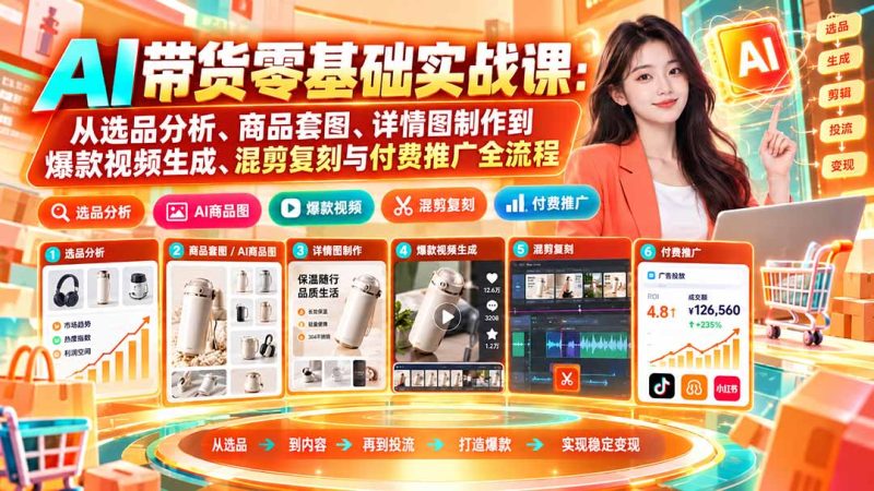 AI带货零基础实战课:从选品分析、商品套图、详情图制作到爆款视频生成、混剪复刻与付费推广全流程-初遇资源网