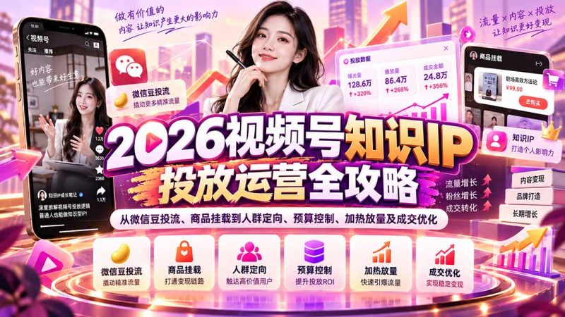 2026视频号知识IP投放运营全攻略:从微信豆投流、商品挂载到人群定向、预算控制、加热放量及成交优化-初遇资源网