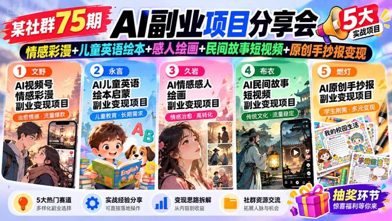 某社群75期AI副业项目分享会:情感彩漫+儿童英语绘本+感人绘画+民间故事短视频+原创手抄报变现-初遇资源网