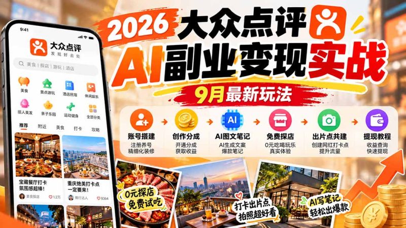 2026大众点评AI副业变现实战9月最新玩法:账号搭建+创作分成+AI图文笔记+免费探店+出片点共建与提现教程-初遇资源网