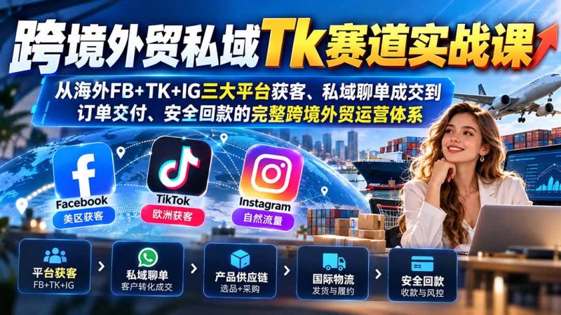 跨境外贸私域Tk赛道实战课:从海外FB+TK+IG三大平台获客、私域聊单成交到订单交付、安全回款的完整跨境外贸运营体系-初遇资源网