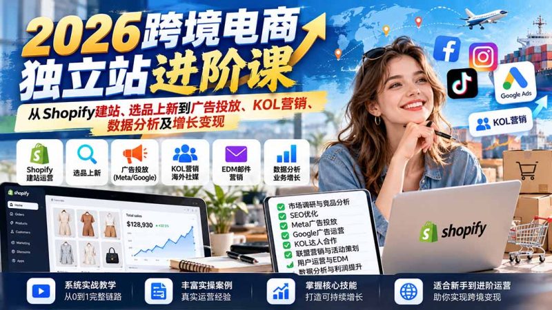 2026跨境电商独立站进阶课:从Shopify建站、选品上新到广告投放、KOL营销、数据分析及增长变现-初遇资源网