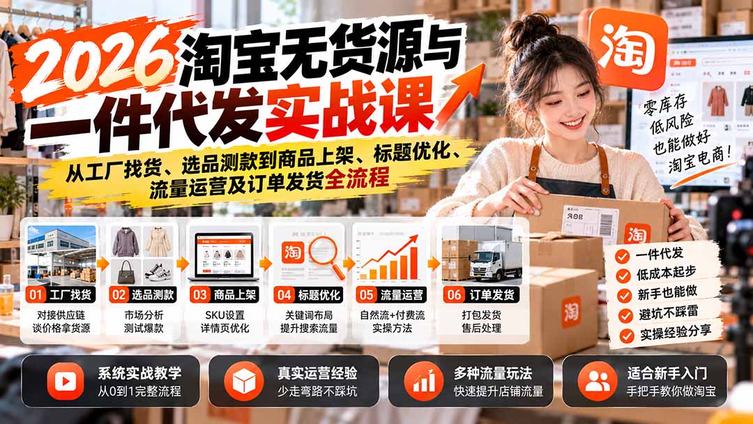 2026淘宝无货源与一件代发实战课：从工厂找货、选品测款到商品上架、标题优化、流量运营及订单发货全流程 - 中创网