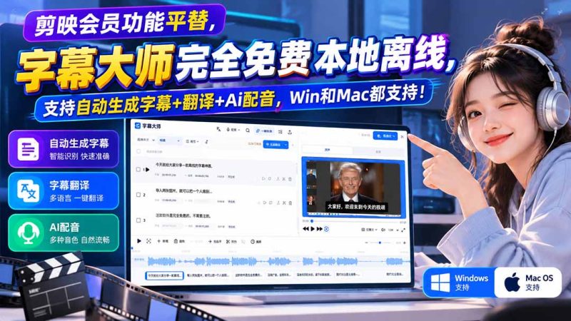 剪映会员功能平替，字幕大师完全免费本地离线，支持自动生成字幕+翻译+Ai配音，Win和Mac都支持！-初遇资源网