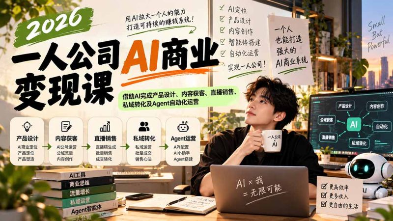 2026一人公司AI商业变现课:借助AI完成产品设计、内容获客、直播销售、私域转化及Agent自动化运营-初遇资源网