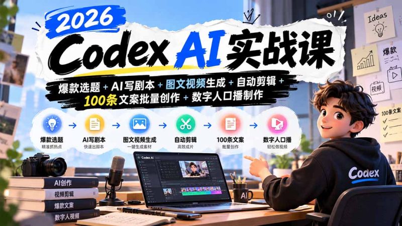 2026Codex AI实战课:爆款选题+AI写剧本+图文视频生成+自动剪辑+100条文案批量创作+数字人口播制作-初遇资源网