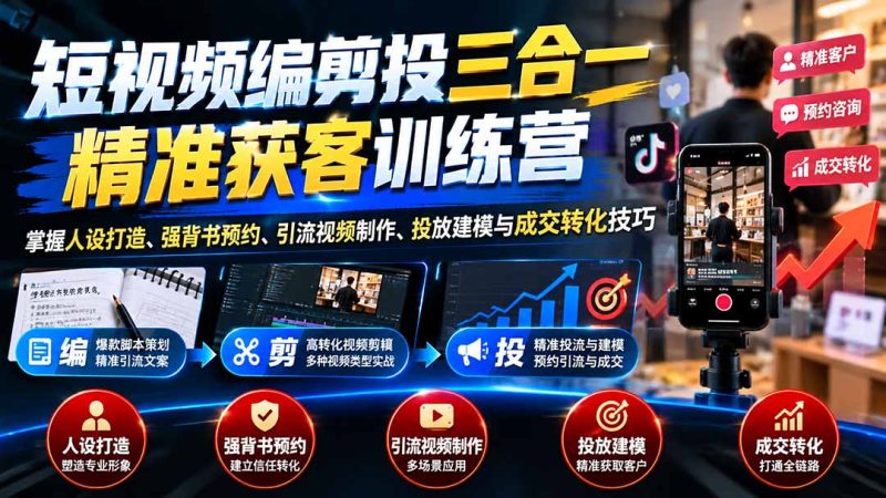 短视频编剪投三合一精准获客训练营:掌握人设打造、强背书预约、引流视频制作、投放建模与成交转化技巧-初遇资源网