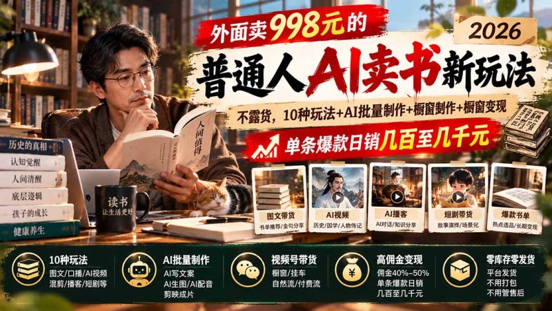 外面卖998元的2026普通人AI卖书新玩法:不露脸、不囤货,10种玩法+AI批量制作+橱窗变现,单条爆款日销几百至几千元-初遇资源网