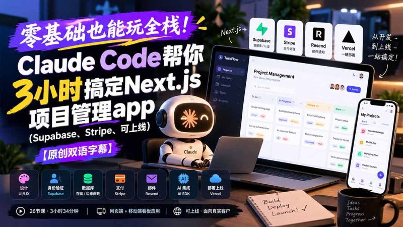 零基础也能玩全栈!Claude Code帮你3小时搞定Next.js项目管理app(Supabase、Stripe、可上线)【原创双语字幕】-初遇资源网