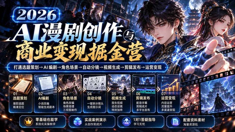 【无水印】2026AI漫剧创作与商业变现掘金营:打通选题→AI编剧→角色场景→自动分镜→视频生成→剪辑发布→运营变现-初遇资源网