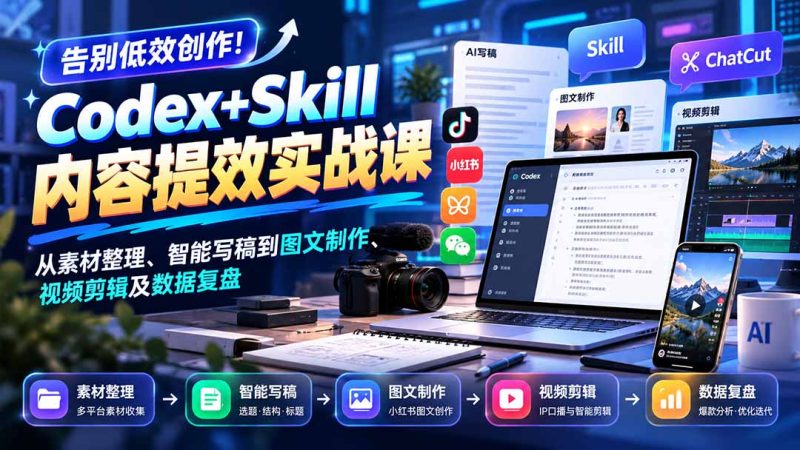 【无水印】告别低效创作!Codex+Skill内容提效实战课:从素材整理、智能写稿到图文制作、视频剪辑及数据复盘-初遇资源网