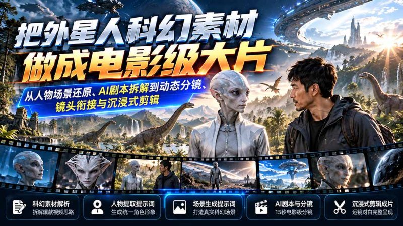 把外星人科幻素材做成电影级大片:从人物场景还原、AI剧本拆解到动态分镜、镜头衔接与沉浸式剪辑-初遇资源网