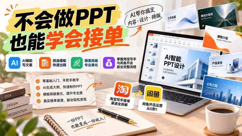 不会做PPT也能学会接单:AI辅助写文案、挑模板、做排版,掌握淘宝写手与闲鱼开店副业完整流程-初遇资源网