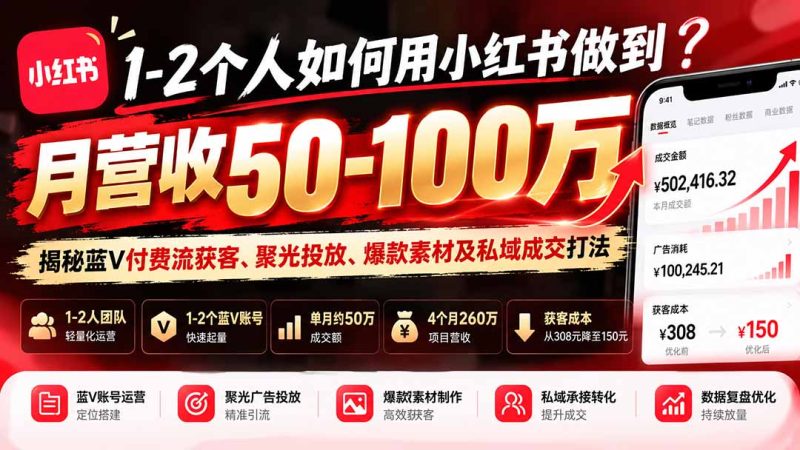 1-2个人如何用小红书做到月营收50-100万?揭秘蓝V付费流获客、聚光投放、爆款素材及私域成交打法-初遇资源网