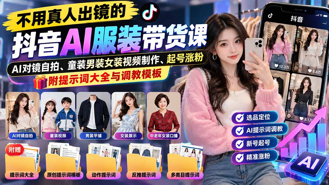 不用真人出镜的抖音AI服装带货课：AI对镜自拍、童装男装女装视频制作、起号涨粉，附提示词大全与调教模板 - 中创网