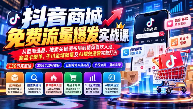 抖音商城免费流量爆发实战:从蓝海选品、搜索关键词布局到猜你喜欢入池、商品卡爆单、千川全域放量及AI提效完整打法-初遇资源网
