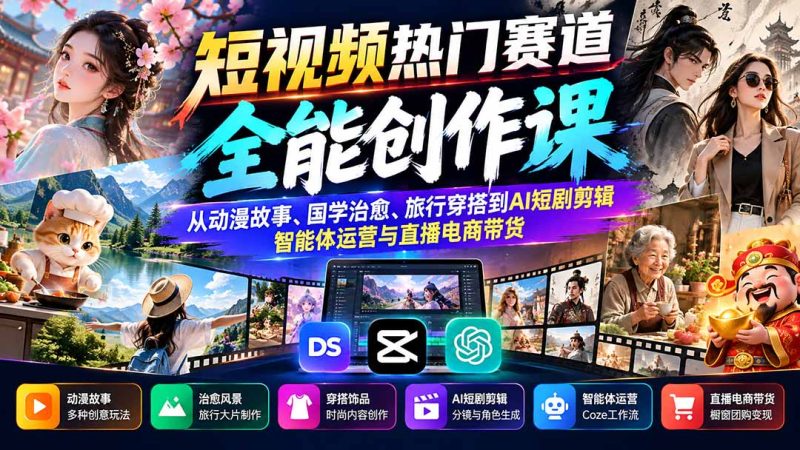 短视频热门赛道全能创作课:从动漫故事、国学治愈、旅行穿搭到AI短剧剪辑、智能体运营与直播电商带货-初遇资源网