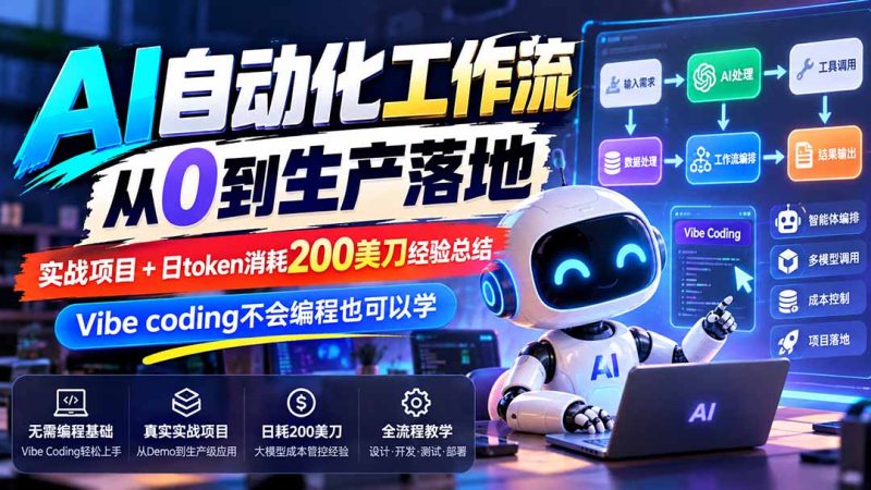 【无水印】AI自动化工作流从0到生产落地,实战项目+日token消耗200美刀经验总结,Vibe coding不会编程也可以学-初遇资源网