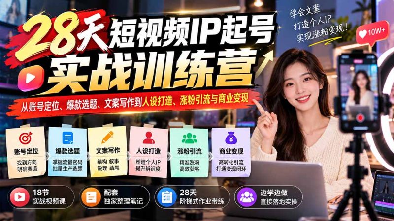 28天短视频IP起号实战训练营:从账号定位、爆款选题、文案写作到人设打造、涨粉引流与商业变现-初遇资源网