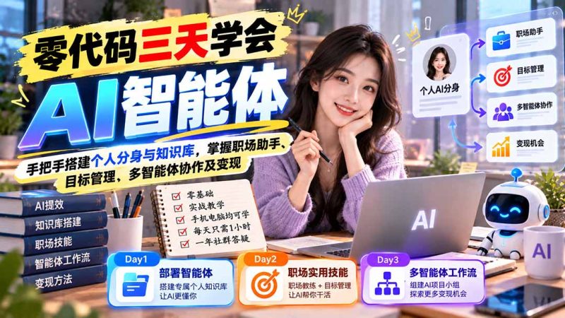 【无水印】零代码三天学会AI智能体:手把手搭建个人分身与知识库,掌握职场助手、目标管理、多智能体协作及变现-初遇资源网