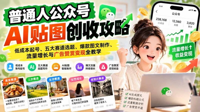 普通人公众号AI贴图创收攻略：低成本起号、五大赛道选题、爆款图文制作、流量增长与广告赞赏变现全教学-初遇资源网