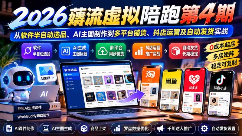 2026薅流虚拟陪跑第4期:从软件半自动选品、AI主图制作到多平台铺货、抖店运营及自动发货实战-初遇资源网