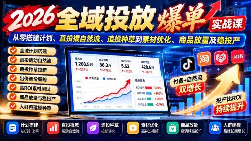 2026全域投放爆单实战课:从零搭建计划、直投撬自然流、追投种草到素材优化、商品放量及稳投产-初遇资源网