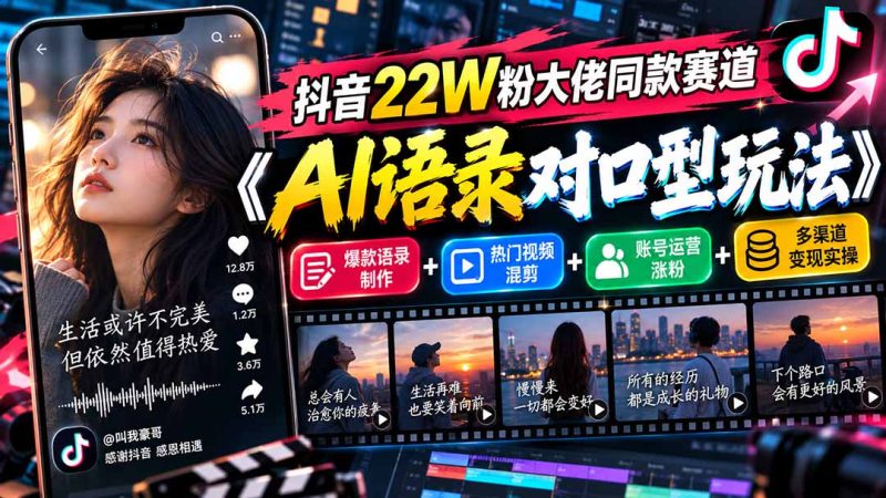 抖音22W粉大佬同款赛道《AI语录对口型玩法》:爆款语录制作+热门视频混剪+账号运营涨粉+多渠道变现实操-初遇资源网
