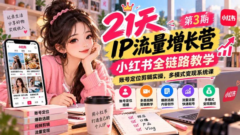 【无水印】21天IP流量增长营-第3期,小红书全链路教学,账号定位剪辑实操,多模式变现系统课-初遇资源网