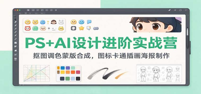 PS+AI设计进阶实战营:抠图调色蒙版合成,图标卡通插画海报制作-初遇资源网