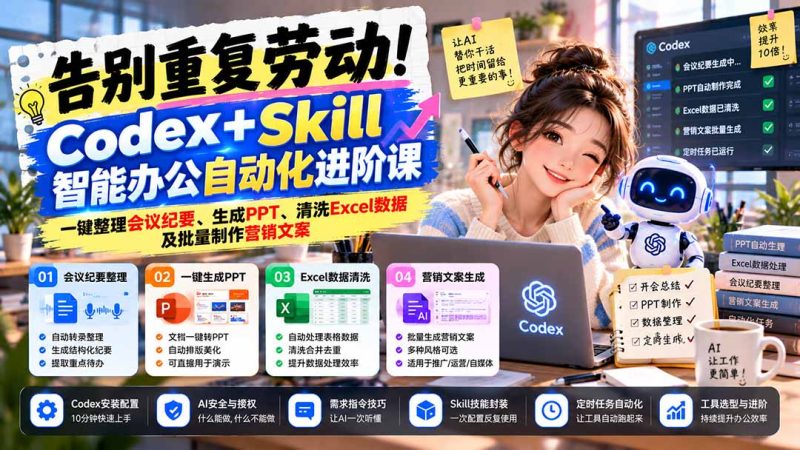 告别重复劳动!Codex+Skill智能办公自动化进阶课:一键整理会议纪要、生成PPT、清洗Excel数据及批量制作营销文案-初遇资源网