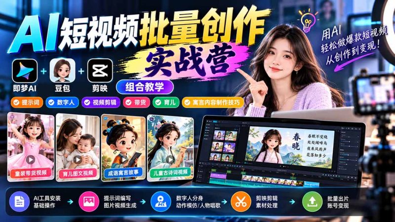 【无水印】AI短视频批量创作实战营：即梦+豆包+剪映组合教学，提示词/数字人/视频剪辑/带货/育儿/寓言内容制作技巧-初遇资源网