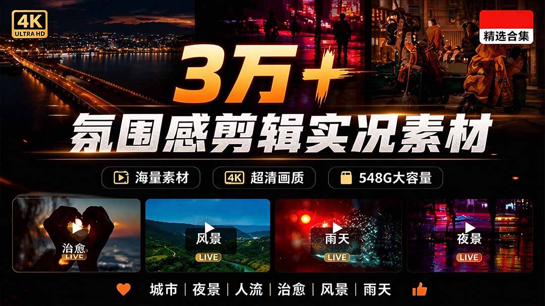 氛围感3万+海量高清剪辑实况素材，含雨天、雪天、夜景、街道等经典场景，伤感唯美励志短视频无水印素材