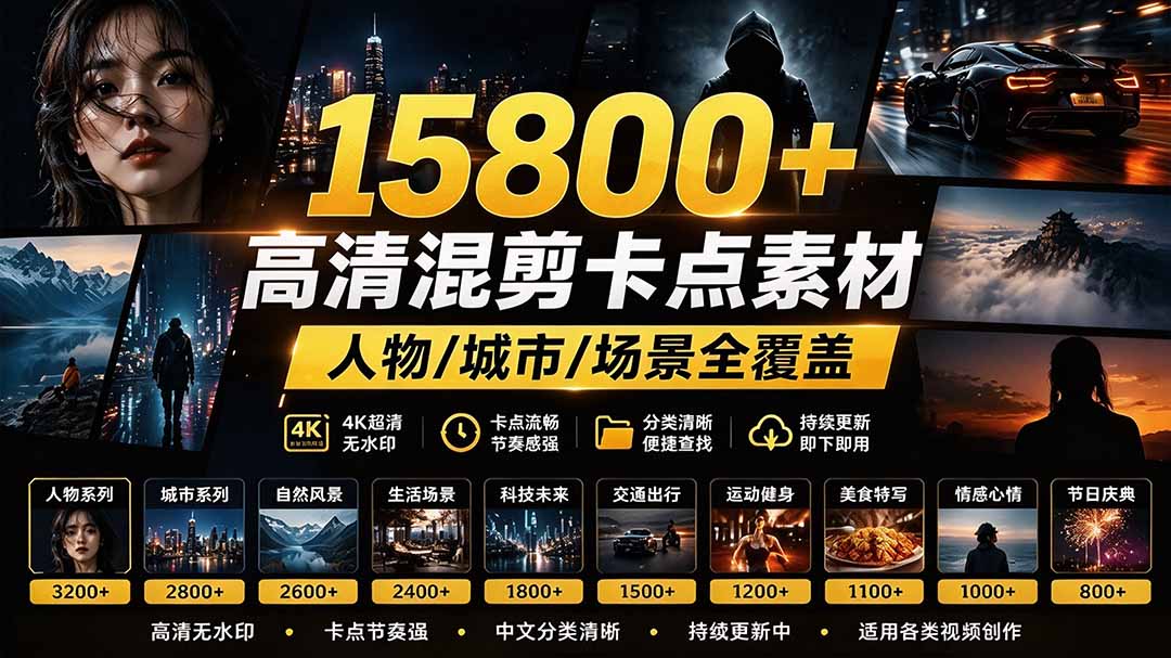 【影视剪辑素材合集】15800+高清混剪卡点｜热门影视精彩片段｜人物/城市/场景全覆盖，中文分类清晰 - 中创网